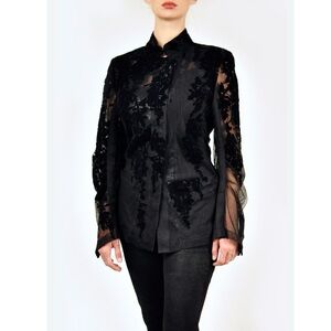 Ann Demeulemeester Sheer Lace Velvet Button Down Top Blouse Long Sleeve Black XS